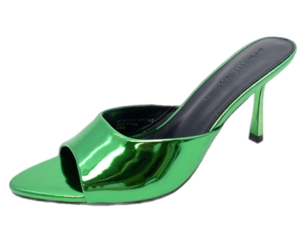 Get low Metallic Green Mule Sandals
